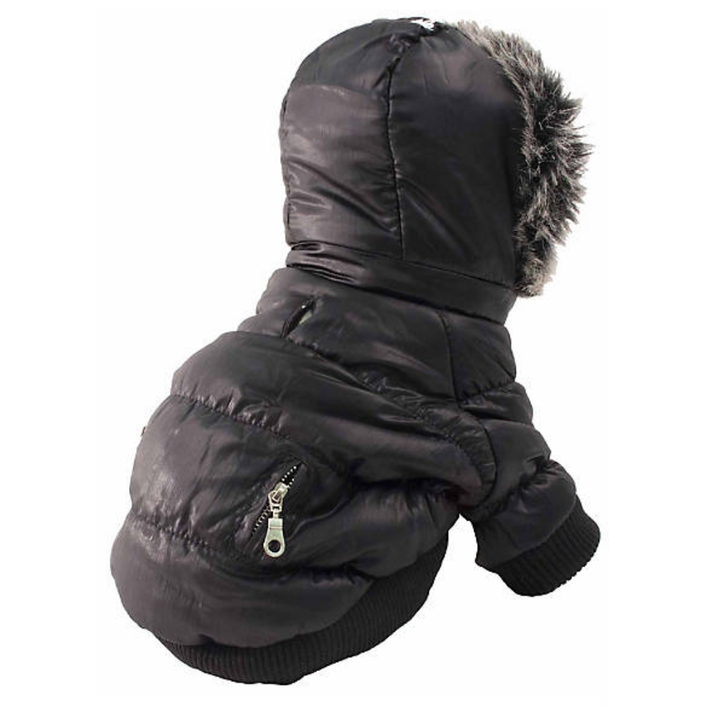 SOLD: Pet Life Ski Parka Dog Coat XS Black w/ Faux Fur Trim